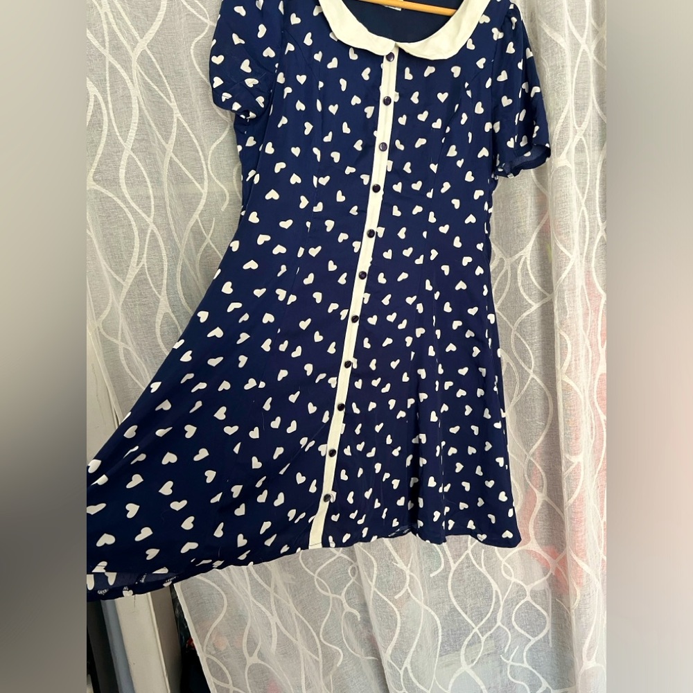 Unique vintage navy and white heart polka dot a-line vintage inspired dress 12-L - Picture 1 of 14